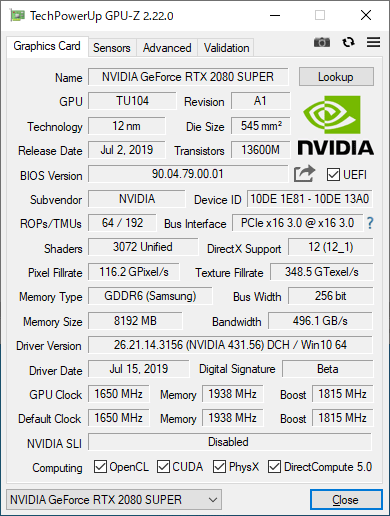 GeForce RTX 2080 SUPERのGPU-Z実行画面