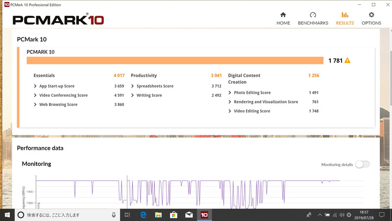 PCMark 10の結果は1,781とスペック相当のスコアとなっている