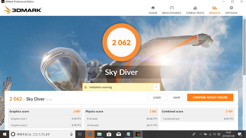 3DMarkの「Sky Diver」の結果は2,062