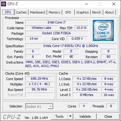 CPUは開発コードネーム「Whiskey Lake-U」ことCore i7-8565Uを搭載している