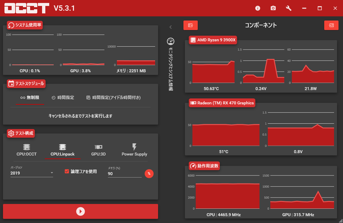 ストレステストの「OCCT 5.3.1」。今回はCPUとメモリに高負荷の掛かるCPU:Linpackを実行する