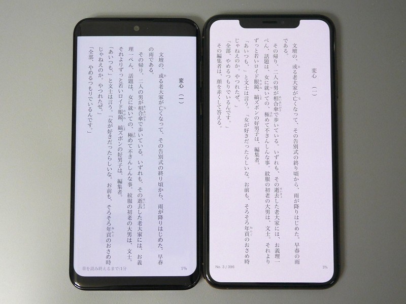テキストを表示した状態。左が本製品、右がiPhone XS Max。天地のサイズはiPhone XS Maxよりは短いが、単体で見ると違和感はなく情報量も十分だ