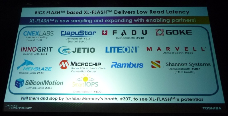 「XL-FLASH」のパートナー企業群。今年(2019年)8月のFMSで東芝メモリがキーノート講演で公表したスライドを、筆者が撮影したもの