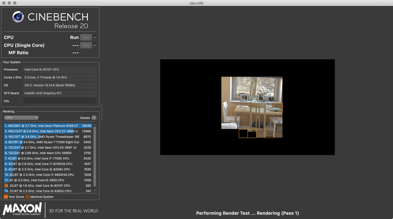「CINBENCH R20」実行中。MacBook AirのCPUは2コア/4スレッドなので、メニーコアCPUに向けてチューニングされたCINBENCH R20はかなり重荷だ