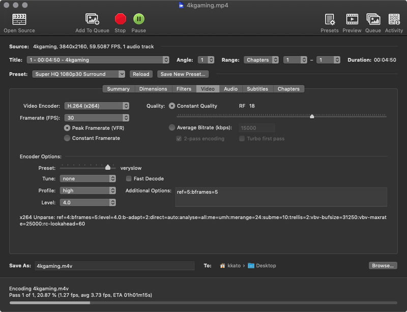 「Handbrake」では4KのMP4動画からフルHDのM4V形式に書き出す時間を計測した