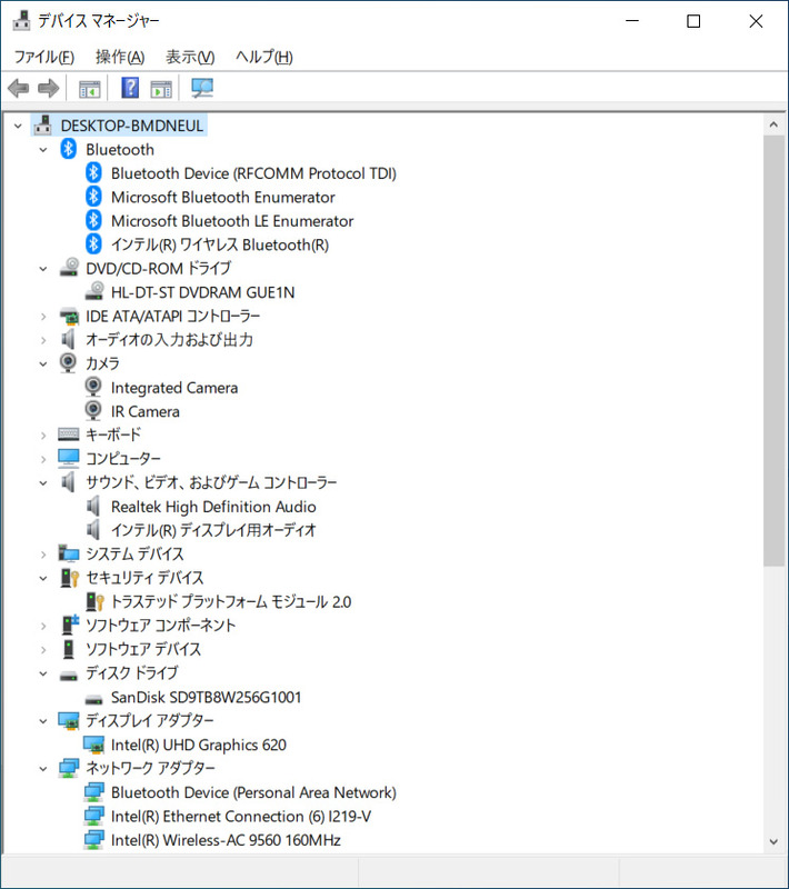デバイスマネージャー/主要なデバイス。ストレージはSSD 256GBの「SanDisk SD9TB8W256G」。DVDスーパーマルチドライブは「HL-DT-ST DVDRAM GUE1N」。Gigabit Ethernet、Wi-Fi、BluetoothはIntel製