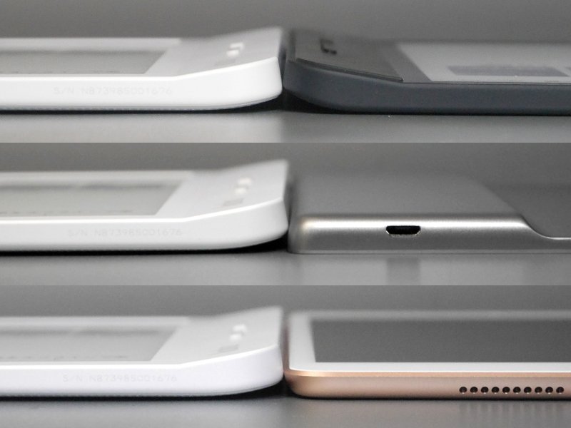 厚みの比較(グリップのある側)。左が本製品、右が上から、Kobo Forma、Kindle Oasis、および参考用のiPad mini 5。湾曲しているため、そこそこの厚みがあることが分かる