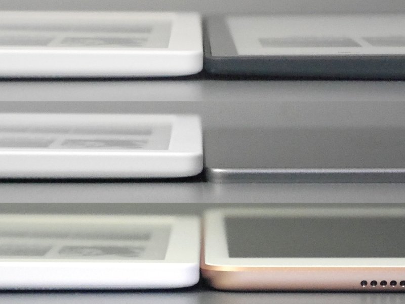 厚みの比較(グリップのない側)。左が本製品、右が上から、Kobo Forma、Kindle Oasis、および参考用のiPad mini 5。比較対象の2製品が薄いこともあるが、それほど際立って薄いわけではない