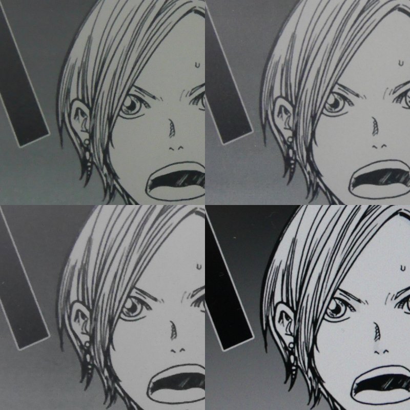 単ページでのコミックの解像度の比較。上段左が本製品(300ppi)、上段右がKobo Forma(300ppi)、下段左がKindle Oasis(300ppi)、下段右がiPad mini 5(326ppi)。ほぼ同じ解像度ということで大きな違いは見受けられず、クオリティも十分だ