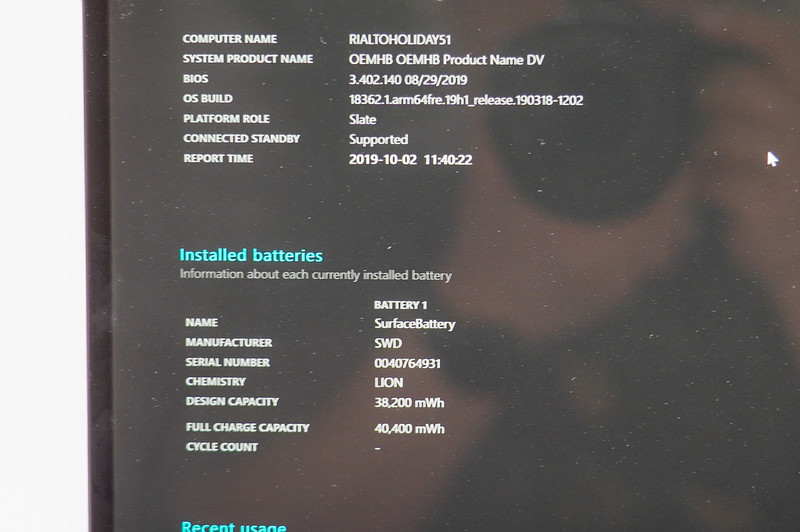 バッテリのデザイン容量は38Wh、実際には40Whあった