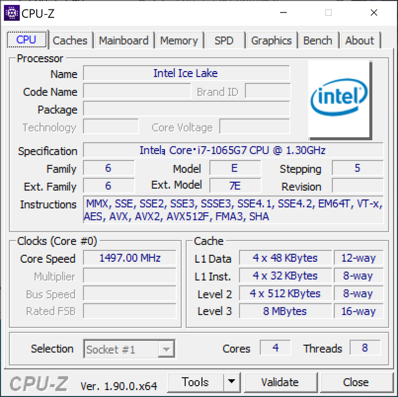 Ice Lake世代のCore i7-1065G7を採油。対応命令セット部分のとおりAVX512Fをサポートする