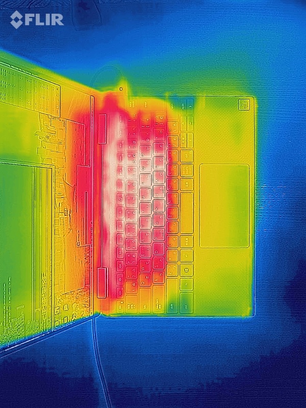 床部分など青い部分は29.4℃、パームレストなど緑～黄色部分は30℃台半ば、赤～白のキーボード部分は40℃台半ば～後半で最大47.5℃
