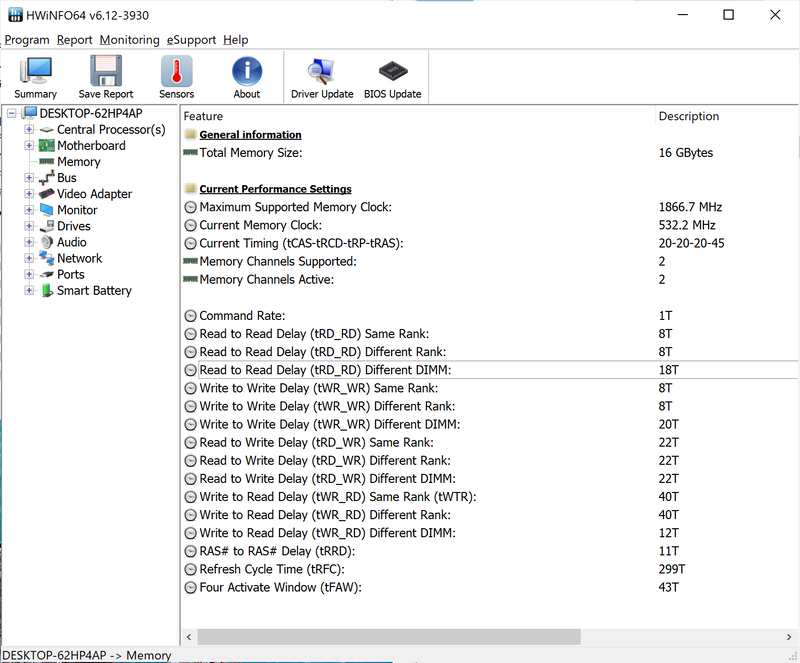 HWiNFOから見たメインメモリ。LPDDR4-3733で16GB