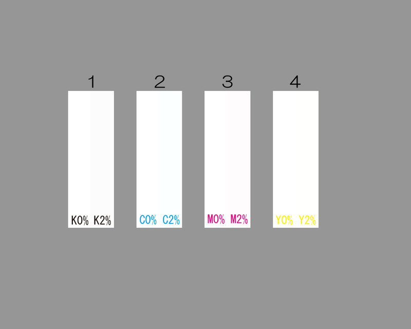 1～4番のバーは、左部分が完全な白、右部分はCMYKをそれぞれ2%ずつ加えている。CS2740で表示させると、いずれもきっちり差がわかる