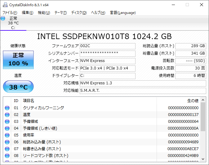 評価機に搭載されていたSSDはIntel SSD 660pの1TBモデル。最高速クラスではないが十分な速度を実現しつつ大容量でコストパフォーマンスに優れる
