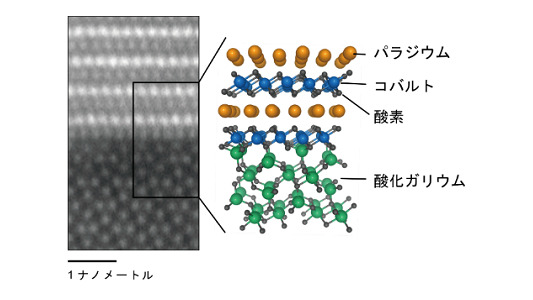 電子顕微鏡によるPdCoO2/Ga2O3界面の原子像(左)、対応する結晶モデル(右)