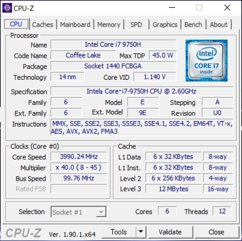 CPUにはCore i7-9750Hを搭載。従来のCore i7-8750Hに代わり、最新の高性能PCで定番的に採用されているCPUだ