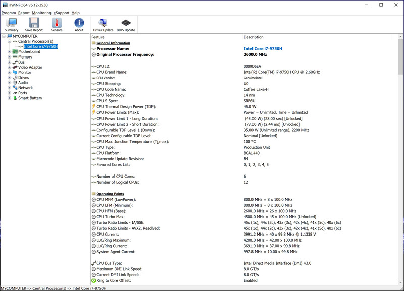 HWiNFO64で電力設定のパラメータを見てみると、PL1は45W、PL2は78Wとなっている