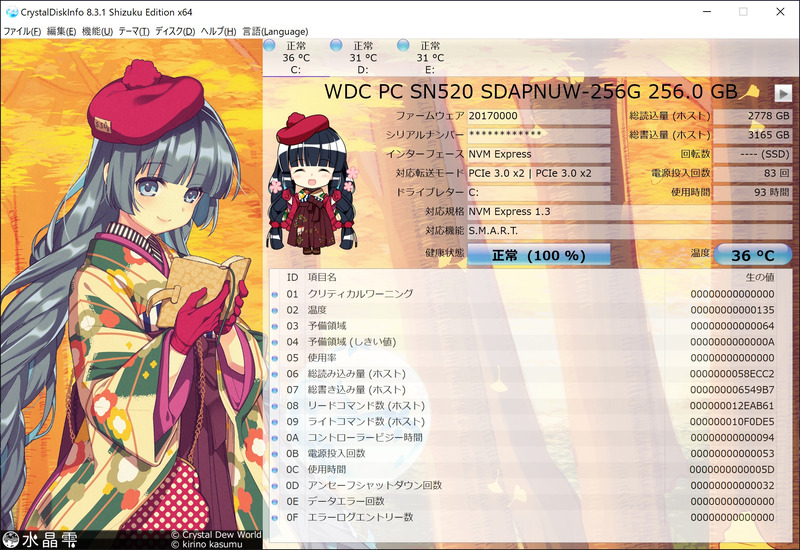 ストレージはM.2タイプを2基、2.5インチタイプを1基、最大で3基を搭載できる。標準のSSDはWestern DigitalのPC SN520だった