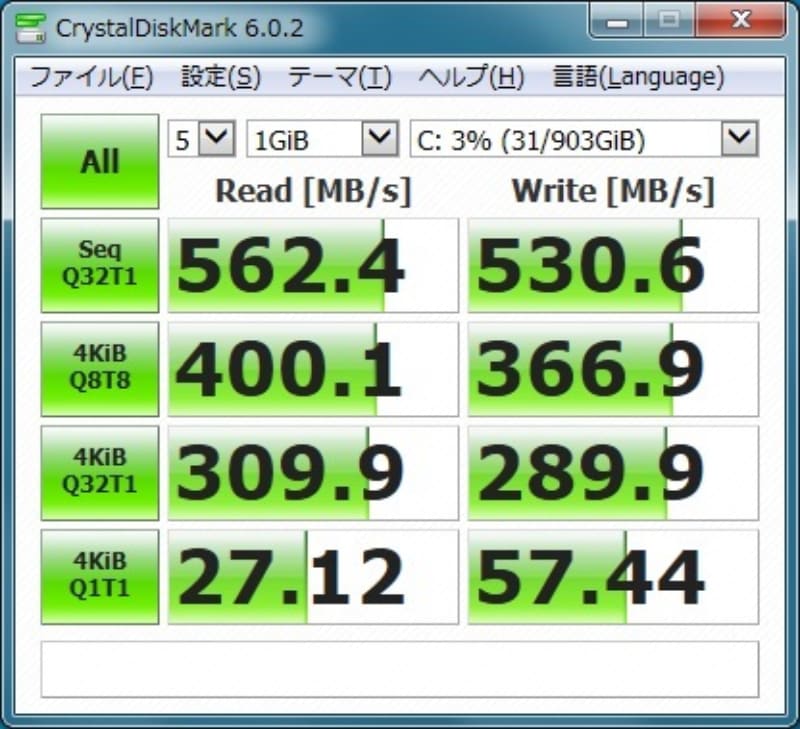 CrystalDiskMarkの結果。上はThinkPad T420sの換装前(HDD)、下は換装後(SSD)。ランダムアクセス速度を示す4KiBに注目してほしい