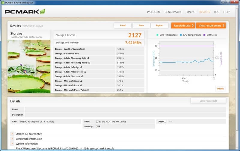 PCMark 8 Home Storageの結果、上はMate MK33LB-Eの換装前(HDD)、下は換装後(SSD)