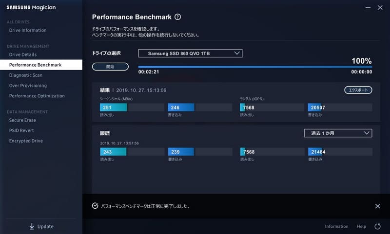 Performance Benchmarkではドライブの性能を測定できる。履歴が残るので、SSDの速度が劣化していないかの確認にも便利だ