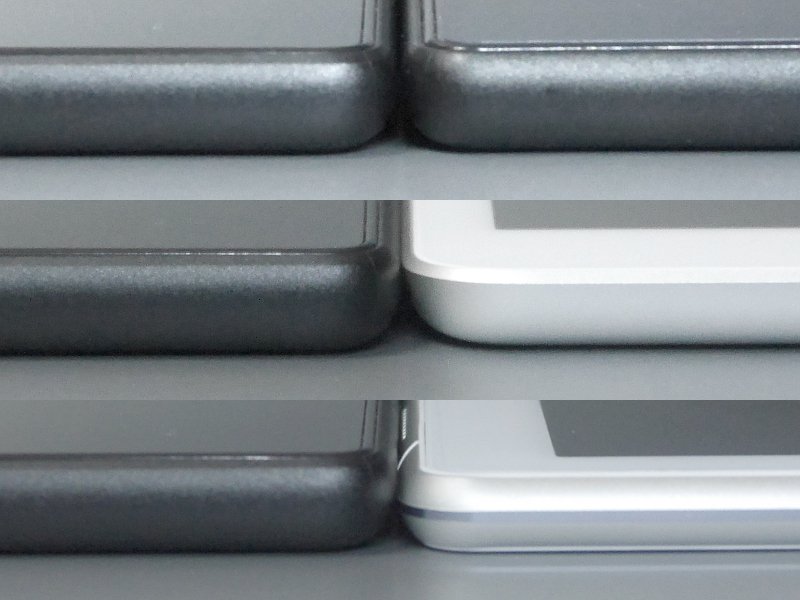 厚みの比較。いずれも左側が本製品、右が上から第7世代モデル、第7世代iPad、Lenovo Tab P10。本製品の厚みはやはり相当なものだ