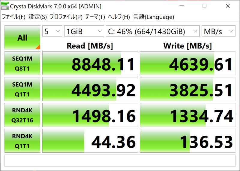 「CrystalDiskMark」による内蔵ストレージの読み書き性能