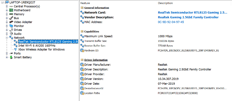 「HWiNFO」で組み込まれたネットワークデバイスを調べてみた。Realtek製「RTL8125」とIntel製の「AX200(2x2通信、最大2.4Gbps)」がビルトインされている。なお、Xbox One Wireless Adapter for Windowsは筆者の検証環境に付随するもの