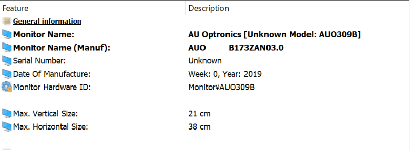 搭載されている液晶の情報を「HWiNFO」でチェック。台湾AUO製の4K IPSパネル「B173ZAN01.0」であることがわかった