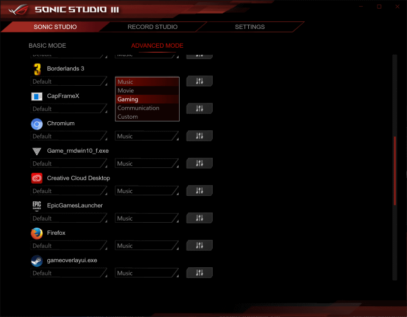 「Sonic Sound」は動画やゲームといったシチュエーションごとに低音強調や音声の明瞭化処理などを設定できるが、さらにアプリケーションとイコライザー設定を結びつけ、最適な音が出せるようになっている