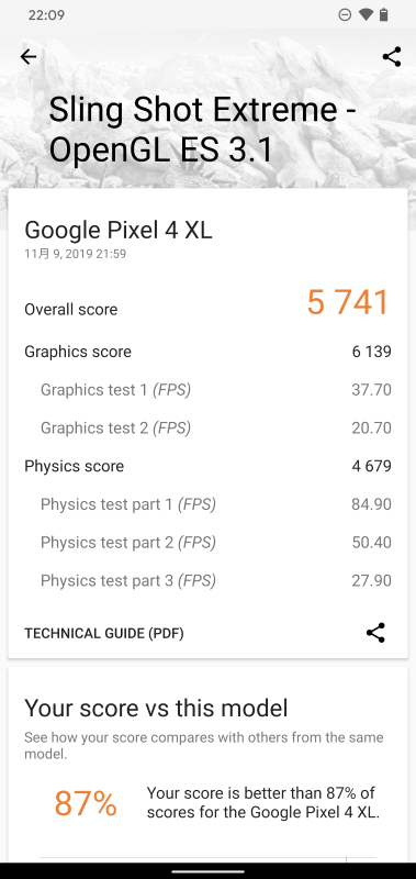Sling Shot Extremeによるベンチマークでは、スコアは「5,741」。昨今の6型オーバーのスマホのなかでは高い部類に入る