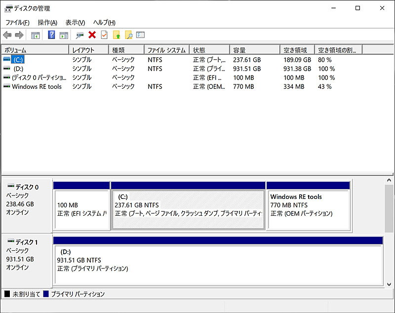 ストレージのパーティション。SSDがCドライブ、HDDがDドライブ。前者は約237.61GBが、後者は約931.51GBが割り当てられている
