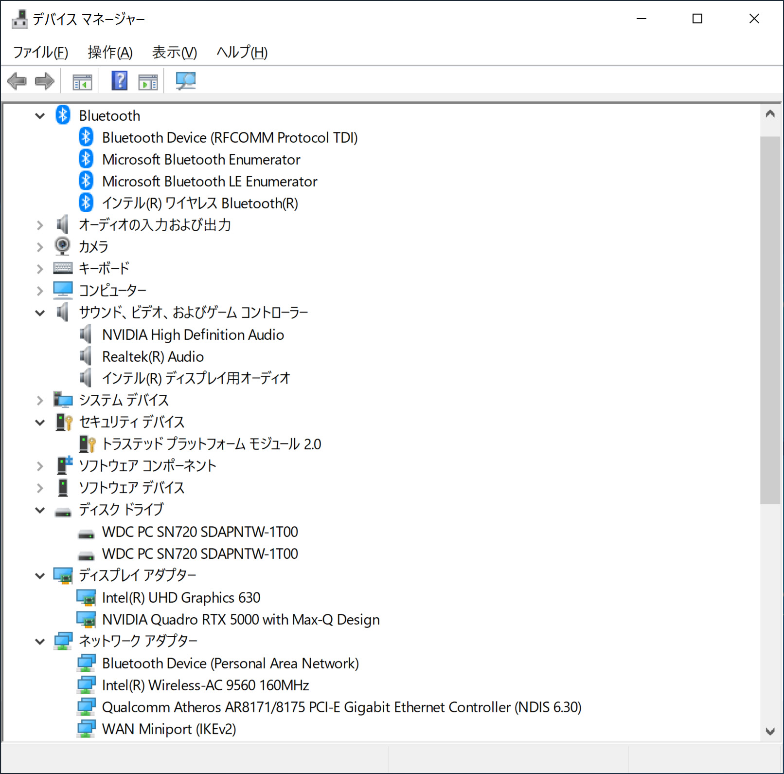 デバイスマネージャ/主要なデバイス。ストレージはNVMe SSD 1TBの「WDC PC SN720 SDAPNTW-1T00」×2。GbEはQualcomm製。Wi-FiとBluetoothはIntel製