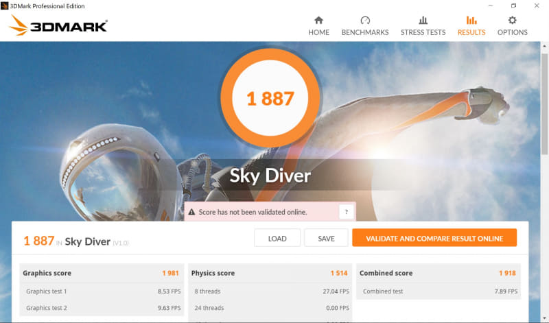 3DMarkの「Sky Diver」のスコアは1887