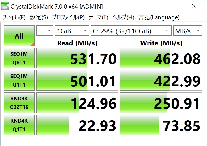 「CrystalDiskMark 7.0.0」のスコア。eMMCよりかなり高速化された