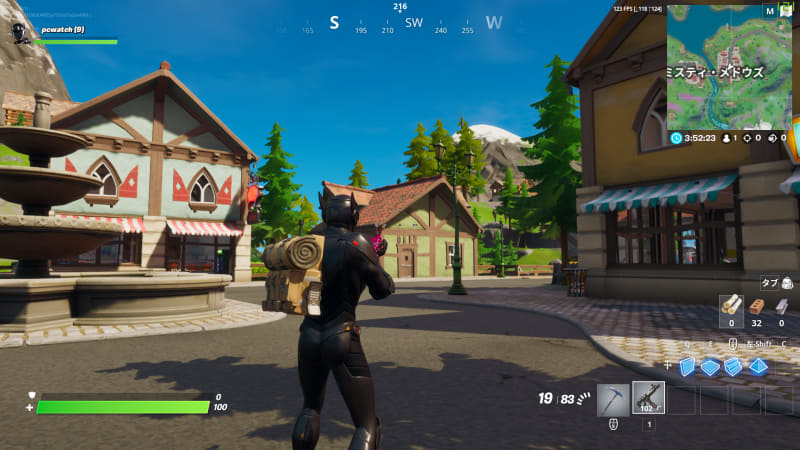 フォートナイトは、フルHD解像度、画質設定エピックでは120fps前後、高では160fps前後で動作。© 2019, Epic Games, Inc.