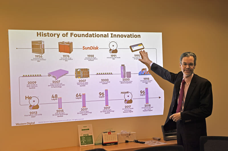 ウエスタンデジタルのもとに集ったストレージ技術の進化の歴史を解説するスウィージー氏。ご自身もストレージ業界再編の歴史を経て現職にいたる