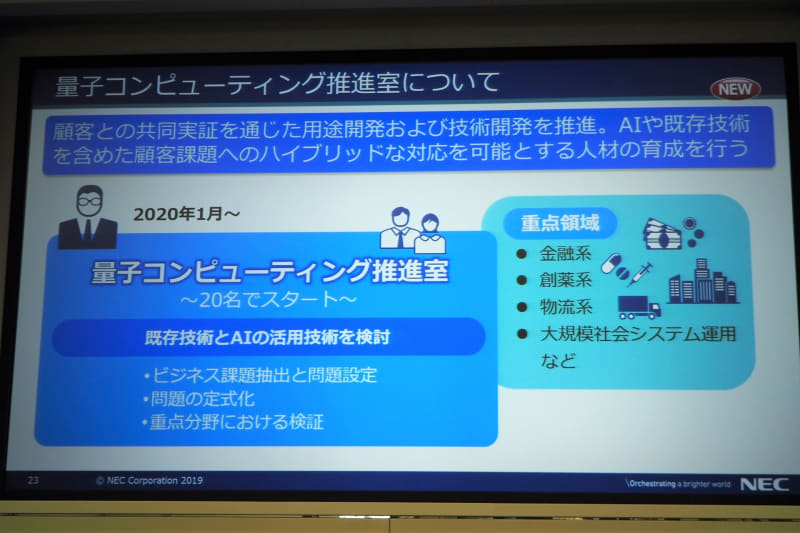 NECは2020年1月から、量子コンピューティング推進室を新設。顧客との共同実証を通じた用途開発や技術開発を推進する