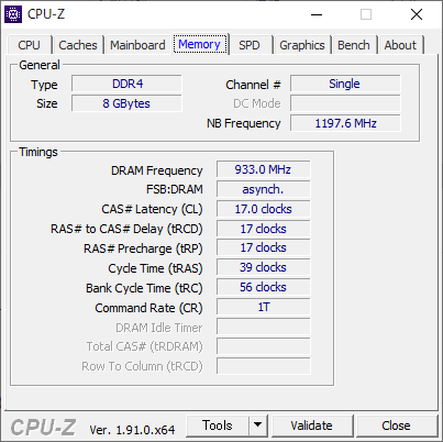 メモリはシングルチャネル(1枚)でDDR4-2400