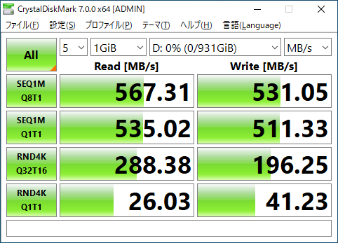 Portable SSD T5のCrystalDiskMark 7.0.0実行結果