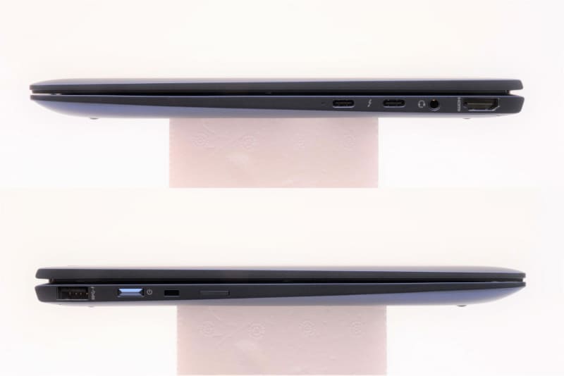 上が本体右側面、下が本体左側面。本体右側面には左からバッテリランプ、Thunderbolt 3×2、3.5mmヘッドセットジャック×1、HDMI×1、本体左側面にはUSB 3.1 Type-A×1、電源ボタン(電源ランプ兼用)、ナノセキュリティロックケーブル用スロット、Nano SIMカードスロット(WWAN対応モデルのみ)が配置されている