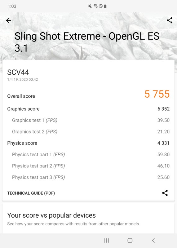 ベンチマークアプリ「Sling Shot Extreme」のスコアは5,755とかなり高い
