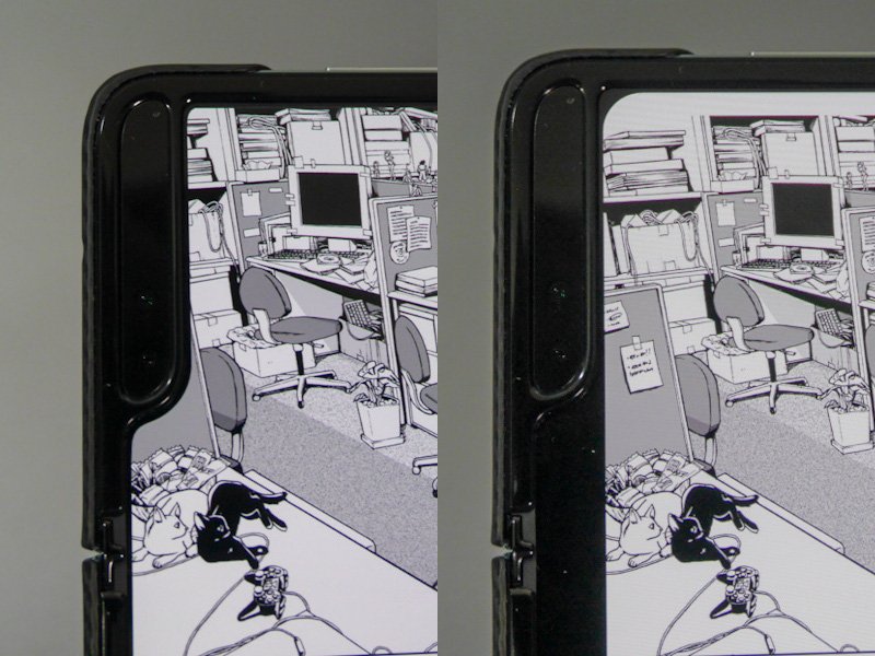 電子書籍ストアによっては余白が考慮されず、カメラのあるノッチ部分が画面を隠すという、iPhone Xの登場直後に似た症状が起こる。左は楽天Kobo、右はKindle