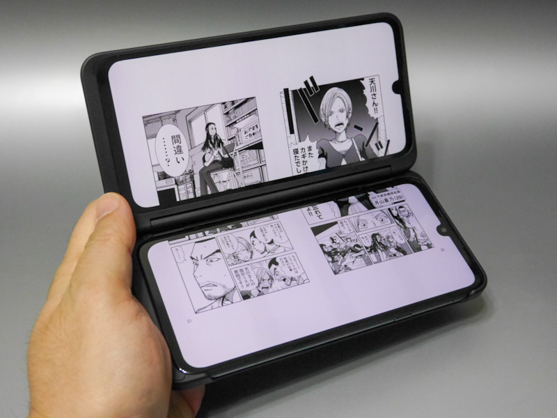 単ページでしか表示されない場合、本体を90度回転させれば見開きになるが、ページは縦に、画面は横に分割されるので、まったく実用的ではない