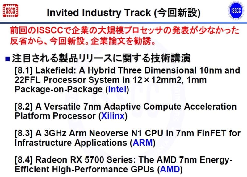 セッション8の講演一覧。Intel、Xilinx、Arm、AMDが講演を予定する。2019年11月19日にISSCCの極東委員会が報道機関向けに発表した資料から