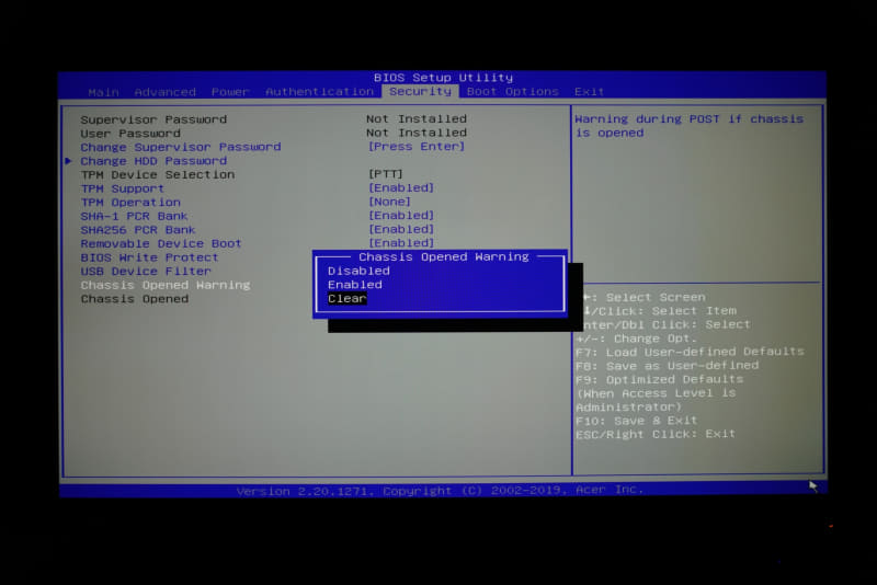 警告を解除するには、BIOSの「Security→Chassis Opened Warning」の「Clear」を選んでリセットする必要がある