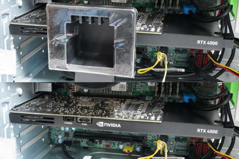 ビデオカードは「NVIDIA Quadro RTX 4000(8GB)」。それほど重量はないが、ビデオカードを支えて端子の負担を減らすためのステーが用意されている