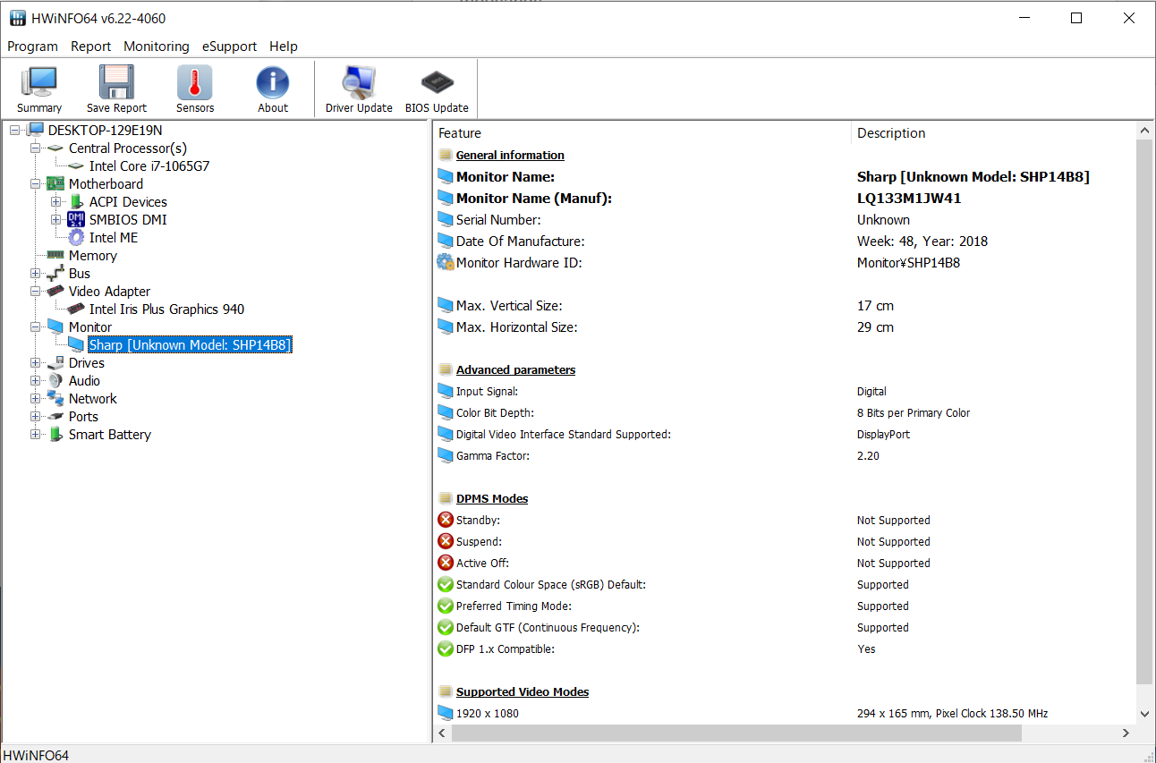 HWiNFOによれば液晶パネルはシャープ製