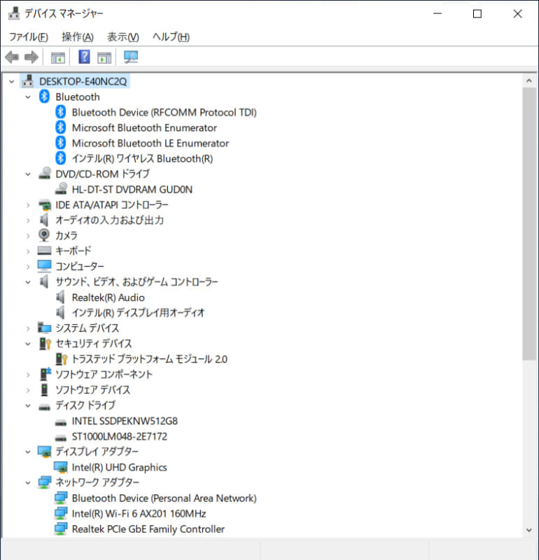 デバイスマネージャー/主要なデバイス。SSDはNVMe M.2 SSD 512GBの「Intel SSDPEKNW512GB」。HDDは1TB/5400rpm/128MBのSEAGATE「ST1000LM048」。DVDスーパーマルチは「HL-DT-ST DVDRAM GUD0N」。Gigabit EthernetはRealtek製、Wi-FiとBluetoothはIntel製